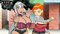 2girls accurate_art_style alternate_version_available ass_bigger_than_head ben_10 big_ass big_breasts big_butt breasts breasts_bigger_than_head cartoon_network charmcaster closed_eyes female female_only gwen_tennyson hourglass_figure huge_ass huge_breasts hyper_ass hyper_breasts lingerie multiple_girls screencap screenshot screenshot_edit steca straight_hair thelazyart