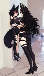 2girls big_breasts black_hair blue_eyes blush breasts_to_breasts eye_contact female female_only fictional_language goth hi_res how_to_talk_to_short_people lifting lifting_person long_hair matoran_text_(bionicle) medium_hair meme n0r0 original raine_(zanamaoria) size_difference tail tall_woman_meme wolf_ears wolf_girl wolf_tail yuri