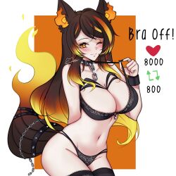 1girls animal_ears blush bra female female_only fire hellhound indie_virtual_youtuber light-skinned_female light_skin like_icon lingerie meowyin panties retweet_icon sinder_(vtuber) solo stockings strip_game tail virtual_youtuber wink wolf_ears wolf_tail yellow_eyes