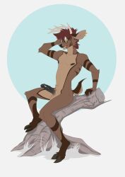 absurd_res anthro antlers balls biped black_penis brown_body brown_fur cervid countershade_fur countershade_neck countershade_torso countershading ear_piercing elbow_tuft erection eyewear eyewear_only flat_colors fur fur_tuft genitals glans glasses glasses_only hi_res hooves horn humanoid_genitalia humanoid_penis male mammal nude penis peritian piercing solo tuft wearing_glasses