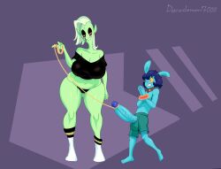 5_fingers alien alien_humanoid anthro artist_name ass big_breasts big_penis blue_body blue_hair bottomwear bound breasts butt_from_the_front clothed clothing curvy_figure daredemon7000 disney duo erection female fingers footwear genitals green_body hair hands_tied hi_res huge_ass huge_breasts humanoid humanoid_on_anthro humanoid_pointy_ears lagomorph larger_female leporid long_hair lord_dominator male male/female mammal narrowed_eyes one_eye_closed panties penis rabbit red_sclera relle shorts size_difference size_play slightly_chubby smaller_male socks standing thick_thighs topwear underwear voluptuous wander_over_yonder white_hair wide_hips