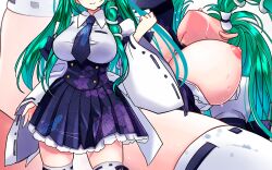 1boy blush bouncing_breasts breasts censored clothes_lift commentary_request dated feet_out_of_frame female frilled_skirt frills green_hair head_back high-waist_skirt kochiya_sanae large_breasts long_hair male necktie nipples purple_necktie purple_skirt pussy ribbon-trimmed_thighhighs sanae_kochiya sex sidelocks skirt skirt_lift straight thighhighs touhou trembling vaginal_penetration white_thighhighs yamaguchi_yuu