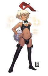 1boy :3 androgynous artist_logo ball_bulge black_thighhighs blonde_hair blouse bulge bunny_ears bunny_outfit bunny_tail bunnysuit cleavage crossdressing cuffs dark-skinned_femboy dark-skinned_male dark_skin femboy full_body girly hands_on_hips helm_(thehelmetguy) hi_res light-skinned_male light_skin lingerie looking_at_viewer male male_only medium_hair neck_ribbon orange_eyes panties penis_bulge shirt smiling smiling_at_viewer solo sparkles stockings tail thehelmetguy thighhighs thong white_background wrist_cuffs