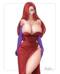 1girls arm_gloves artist_signature cleavage cleavage_overflow dismaiden disney dress earrings eyeshadow female female_only green_eyes hair_over_one_eye hands_on_hips hourglass_figure huge_breasts jessica_rabbit light-skinned_female long_hair long_red_hair red_hair solo thick_thighs who_framed_roger_rabbit