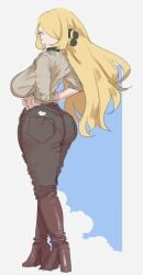 ass big_ass big_breasts big_butt blonde_hair boots bubble_butt cynthia_(pokemon) hands_on_hips jeans large_ass leebongchun long_hair looking_back pokemon pokemon_bdsp pokemon_dppt sideboob thick_thighs wide_hips