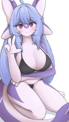 1girls anthro arm_under_breasts aruri_(whooo-ya) big_breasts bikini blue_hair blush dragon dragon_tail female female_only hi_res kneeling korfiorano long_hair looking_at_viewer marine purple_eyes smiling smiling_at_viewer solo tail v_sign white_background