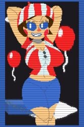 balloon_babe_(fnia) balloon_boy_(fnaf) balloons big_breasts clothed clothed_female clothing clouds female five_nights_at_freddy's five_nights_at_freddy's_2 five_nights_at_freddy's_3 pixel_art rule_63 solo standing thighs