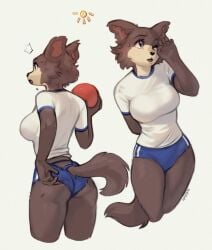 2022 5_fingers anthro ass ball beastars bloomers blue_bottomwear blue_clothing bottomwear breasts brown_body brown_fur butt canid canine canis clothed clothing female fingers fur furry furry_only gym_uniform hi_res juno_(beastars) mammal netflix one_eye_closed open_mouth rubbing_eye shirt shorts simple_background spuydjeks tail tight_bottomwear tight_clothing tight_shirt tight_shorts tight_topwear topwear uniform white_background white_clothing white_shirt white_topwear wide_hips wolf