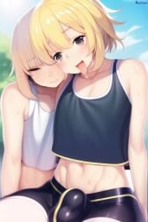 2boys after_exercise ai_generated bulge exercise_clothing femboy gay nai_diffusion nuzzling stable_diffusion sweating