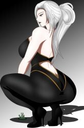 dress gilf high_heels milf noir-black-shooter oc original original_character raiko_kashiwasaki_(noir-black-shooter) silver_eyes silver_hair sitting