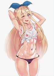 1girls abs armpits arms_behind_head arms_up belly_button black_panties blonde_hair blush breasts breasts_visible_through_clothing camel_toe cameltoe closed_eye flower_in_hair hairband hairbow looking_at_viewer medium_hair midriff muscular_female navel neroshi nijisanji nijisanji_en nipples_visible_through_clothing one_eye_closed panties pointy_ears pomu_rainpuff red_eyes see-through see-through_top sfw_version_available small_breasts solo solo_female solo_focus sweat sweating sweaty virtual_youtuber wet_clothes white_background wink yellow_hair