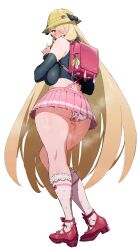 adapted_costume age-inappropriate_clothing ageplay backpack blush condom crime_prevention_buzzer cynthia_(pokemon) dressed_young hard_hat hat huge_ass huge_breasts ishii_takamori microskirt miniskirt pantyshot pantyshot_(standing) pokemon pokemon_dppt randoseru skirt used_condom