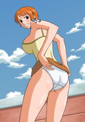 1girls ass ass_focus big_breasts breasts female female_only legs looking_at_viewer looking_back nami one_piece orange_hair panties pre-timeskip short_hair sideboob skirt skirt_lift smiling straight_hair tattoo white_panties x_bokkis