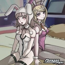 2girls akamatsu_kaede bare_shoulders bed blonde_hair blush breasts bunny_ears bunny_girl bunnysuit cleavage collarbone danganronpa danganronpa_2:_goodbye_despair danganronpa_v3 female female_only fishnets large_breasts light-skinned_female light_skin looking_at_viewer maryorsomething mole mole_on_breast nanami_chiaki on_bed open_eyes open_mouth purple_eyes sitting sitting_on_bed smile straight_hair super_danganronpa_2 thick_thighs thighhighs thighs