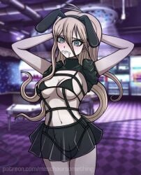 1girls ahoge arms_behind_head arms_up bangs bare_arms bdsm black_bra black_clothing black_panties blonde_hair blue_eyes blurry_background blush blush_lines blushing_at_viewer bra breasts bunny_ears bunny_girl bunnysuit busty cleavage clenched_teeth danganronpa fake_animal_ears female_focus iruma_miu large_breasts light-skinned_female light_skin long_hair looking_at_viewer marykawaii maryorsomething navel panties puffy_sleeves saliva saliva_string see-through_clothing see-through_skirt short_sleeves skimpy_clothes skirt solo solo_female straight_hair suspenders teeth thong transparent_clothing underwear upper_body