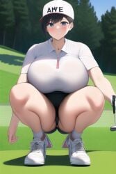 1girls ai_generated big_breasts female female_only golf golf_club grass grass_field huge_breasts nai_diffusion original original_character solo squatting stable_diffusion tomboy