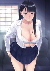 bangs bifidus black_hair blue_eyes blue_skirt blush bra breasts cleavage clothes_lift collarbone couch cowboy_shot female highres indoors large_breasts long_hair long_sleeves looking_at_viewer original panties panty_pull parted_bangs parted_lips school_uniform shirt skirt skirt_lift unbuttoned underwear undressing white_bra white_panties white_shirt window