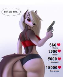 2022 2d anthro aozee ass black_eyeshadow black_nose black_pupils breasts dat_ass demon demon_girl digital_media_(artwork) eyebrow_piercing eyebrows eyelashes female firearm furry furry_female furry_only grey_body grey_fur hair hair_over_one_eye hellhound helluva_boss long_hair looking_at_viewer loona_(helluva_boss) no_humans piercing rear_view red_sclera red_topwear shorts solo speech_bubble strip_game tagme tail text thick_ass thick_thighs white_background white_body white_eyes white_fur white_hair