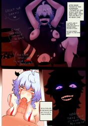 0cktinku ajax_(genshin_impact) arataki_itto big_breasts blindfold blowjob blue_hair childe_(genshin_impact) ganyu_(genshin_impact) genshin_impact glowing_eyes horns huge_cock nightmare_fuel painted_body pink_eyes purple_eyes sharp_teeth tagme tartaglia_(genshin_impact) text text_box unusual_penis unusual_pupils