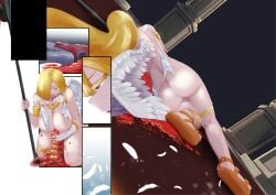 angel blonde_hair clothing_damage corpse crying disembowelment dying eye_covered gore guro internal_organs long_hair luxury_handle naked nipples on_side original unknown_artist