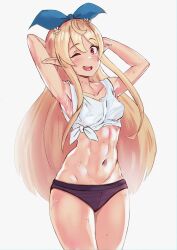 1girls abs armpits arms_behind_head arms_up belly_button black_panties blonde_hair blush closed_eye flower_in_hair hairband hairbow looking_at_viewer medium_hair midriff muscular_female navel neroshi nijisanji nijisanji_en one_eye_closed panties pointy_ears pomu_rainpuff red_eyes sfw sfw_version small_breasts solo solo_female solo_focus sweat sweating sweaty sweaty_armpits virtual_youtuber white_background wink yellow_hair