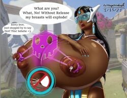 2d 2girls arm_on_breast blue-tinted_eyewear breast_expansion breast_hold conyoudigit dark-skinned_female dialogue engorged_breasts female_only gigantic_breasts huge_breasts huge_nipples hyper hyper_breasts lactating lactation lactation_denial long_hair offscreen_character olivia_colomar overwatch overwatch_2 puffy_nipples satya_vaswani sombra symmetra tinted_eyewear visor