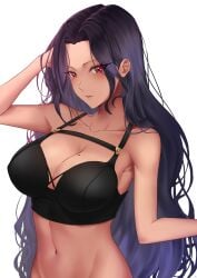 1girls bare_shoulders belly_button big_breasts black_bra black_hair bra cleavage drawtasu exposed_shoulders latina looking_at_viewer midriff mole mole_on_breast navel nijisanji nijisanji_en red_eyes scarle_yonaguni solo solo_female solo_focus underwear virtual_youtuber