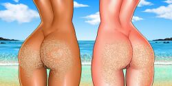 2girls artist_request ass ass_focus backpussy beach chocolate_and_vanilla dark-skinned_female exhibitionism female female_only heart_on_butt multiple_girls nude public pussy rebis123 sand sand_on_ass summer sun symmetry tagme vagina