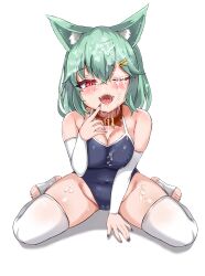 absurd_res animal_humanoid blush bodily_fluids breasts cleavage clothed clothing collar cum cum_on_face female genital_fluids green_hair hair hi_res humanoid kim_wang_jyang legwear solo thigh_highs young