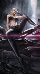 absurd_res big_breasts blonde_hair boob_window bracelet cleavage clothed cloud.d devil_may_cry devil_may_cry_5 leather_boots leather_clothing leg_up midriff motorcycle pinup spread_legs trish_(devil_may_cry)