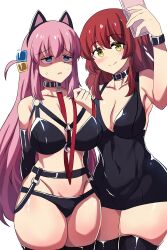 2girls armwear big_breasts blue_eyes blush bocchi_the_rock! bondage breasts collar dress duo female female_only gotou_hitori hinghoi kita_ikuyo legwear long_hair phone pink_hair red_hair selfie smile standing thick_thighs yellow_eyes yuri