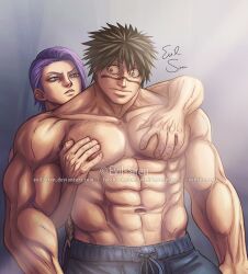 2boys bara crazy_eyes evilsirenart facial_tattoo from_behind gay groping groping_from_behind kengan_(series) kengan_ashura looking_at_another looking_back male male_only meguro_masaki muscular muscular_male nikaido_ren pec_grab pec_grasp pecs pectoral_grab purple_hair spiky_hair topless topless_male wide_eyed yaoi