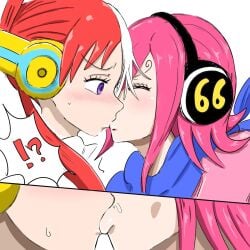 2girls artist_request blush close-up female female_only germa_66 kissing lesbian_kiss one_piece one_piece_film_red passionate passionate_kiss pink_hair purple_eyes red_hair saliva short_hair source_request surprised two_tone_hair uta_(one_piece) vinsmoke_reiju white_hair yuri