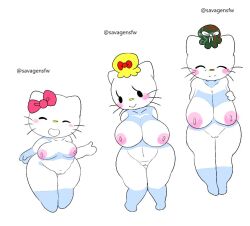 age_difference anthro areola big_areola big_breasts blush bow_tie breasts closed_eyes clothing domestic_cat felid feline felis female front_view fur genitals group hand_behind_back hand_on_breast hat headgear headwear hello_kitty hello_kitty_(character) hello_kitty_(series) kitty_white looking_at_viewer mammal margaret_white mary_white mature_female navel nipples nude older_female open_mouth pussy sanrio savagensfw simple_background smile thick_thighs trio white_body white_fur