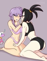 2girls ass best_friends black_hair boots bra breasts cuespatra dendra_(pokemon) espathra female female/female female_only girls gym_leader makeup medicham muscular_female panties pokegirl pokemon pokemon_(species) pokemon_sv purple_eyes purple_hair red_eyes red_thing smile tulip_(pokemon) yuri