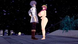 1boy 1girls 3d 3d_(artwork) black_hair curvaceous curvy curvy_figure emma_millstein enormous_breasts huge_breasts human koikatsu large_breasts long_hair magenta_hair night nighttime nude_female_clothed_male outdoors outside purple_hair rean_schwarzer red_hair rhcpftw sen_no_kiseki short_hair thick_thighs trails_of_cold_steel video_games