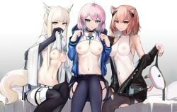 3girls animal_ears areolae arknights bare_shoulders big_breasts blue_poison_(arknights) breasts chestplate_removed displeased female female_only gloves gravel_(arknights) highres legs legwear light-skinned_female long_hair looking_at_viewer medium_breasts mizuhashi_parusui navel_visible_through_clothes nipples nipples_visible_through_clothing one-piece_swimsuit open_clothes open_shirt peach_hair pink_hair platinum_(arknights) presenting shirt short_hair sitting tagme tail tight_clothing torn_legwear undressing uniform white_hair