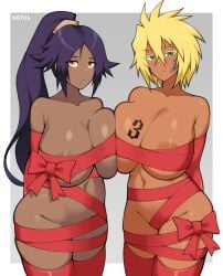 2girls bleach blonde_hair breast_tattoo breast_to_breast breasts brown_skin dark-skinned_female dark_skin female female_only green_eyes huge_breasts long_hair multiple_girls notkadraw number_tattoo purple_hair ribbon ribbon_only shihouin_yoruichi tattoo thick_thighs thighs tia_harribel wide_hips yellow_eyes