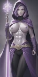 abs ag-edits ai_generated breasts cape dc dc_comics exposed exposed_breasts exposed_nipples exposed_torso fit fit_female fitness grey_skin hood navel nipples purple_eyes purple_hair rachel_roth raven_(dc) short_hair stable_diffusion standing teen_titans toned toned_belly toned_body toned_female toned_stomach