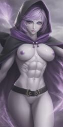 abs ag-edits ai_generated breasts cape dc dc_comics exposed exposed_breasts exposed_nipples exposed_torso fit fit_female fitness grey_skin hood navel nipples purple_eyes purple_hair rachel_roth raven_(dc) short_hair stable_diffusion standing teen_titans toned toned_belly toned_body toned_female toned_stomach