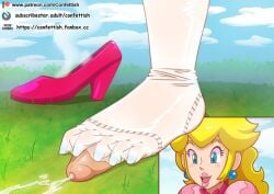 1boy 1girls cum ejaculation feet female foot_fetish foot_focus foreskin long_nails male mario_(series) penis princess_peach sockjob stepping_on_penis super_princess_peach the_dark_mangaka