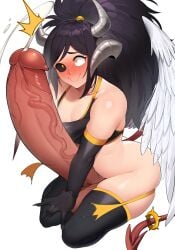 absurd_res ain(in) big_penis black_hair black_sclera blush embarrassed embarrassed_smile erection feathered_wings feathers femboy genitals girly glans hair hi_res horn horned_humanoid huge_cock humanoid humanoid_genitalia humanoid_penis hung_trap hyper hyper_genitalia hyper_penis in_(ain) in_30000 nervous nervous_smile not_furry penis spade_tail vein veiny_penis winged_humanoid wings