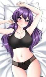 5_fingers artist_name bed_sheet black_bra black_panties bow_panties bra breasts cleavage doki_doki_literature_club female kun_kaiss long_hair matching_underwear panties pillow purple_eyes purple_hair traced yuri_(doki_doki_literature_club)