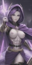 abs ag-edits ai_generated breasts cape dc dc_comics exposed exposed_breasts exposed_nipples exposed_torso fit fit_female fitness grey_skin hood navel nipples purple_eyes purple_hair rachel_roth raven_(dc) short_hair stable_diffusion standing teen_titans toned toned_belly toned_body toned_female toned_stomach