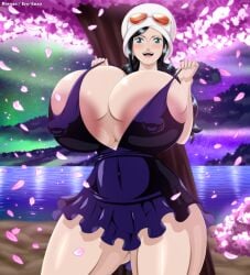 barely_covered bimbo black_hair blushing cherry_blossoms clothed_female ero-enzo excited female female_only huge_breasts hyper_breasts island nico_robin nipple_bulge one_piece post-timeskip pulling_clothing rtenzo showing_off_breasts straight_hair sunglasses_on_hat thick_thighs violet_dress