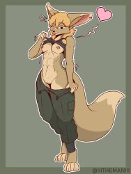 2022 4_toes 5_fingers abs absurd_res anthro barefoot black_nose blep blonde_hair breasts brown_body brown_fur canid canine ear_piercing feet female fennec fingers fox foxhole:_persistant_online_warfare fur genitals hair heart hi_res inner_ear_fluff mammal navel nipple_piercing nipples one_eye_closed piercing presenting presenting_breasts pussy solo sunnie_(the_man) tan_body tan_fur the_man toes tongue tongue_out tuft wink