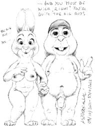 2022 3_toes 4_fingers anthro asthexiancal barely_visible_genitalia barely_visible_pussy bonnie_hopps breasts canon_couple claws clothing dialogue disney duo english_text feet female fingers fur genitals hand_holding hat hat_only headgear headgear_only headwear headwear_only hindpaw humanoid_hands husband_and_wife lagomorph leporid male male/female mammal married_couple mature_anthro mature_female mature_male medium_breasts mostly_nude navel nipples nude paws penis pussy rabbit signature standing stu_hopps text toe_claws toes traditional_media_(artwork) zootopia