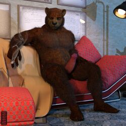 2022 3d_(artwork) anthro balls bear brown_body brown_eyes brown_fur cigar claws digital_media_(artwork) erection frown fur furniture genitals hi_res holding_cigar holding_object humanoid_genitalia inside lamp looking_at_viewer male mammal mouth_closed musclegut muscular muscular_anthro muscular_male narrowed_eyes nude pecs penis sitting smoking sofa solo ugnaughtsden ursid