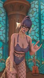 1girls au_ra belt breasts cleavage collar female final_fantasy final_fantasy_xiv fishnets glasses gpose(ffxiv) heterochromia horns large_ass large_breasts lingerie purple_hair raen smile solo tagme tagme_(character) tail
