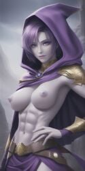 abs ag-edits ai_generated breasts cape dc dc_comics exposed exposed_breasts exposed_nipples exposed_torso fit fit_female fitness grey_skin hood navel nipples purple_eyes purple_hair rachel_roth raven_(dc) short_hair stable_diffusion standing teen_titans toned toned_belly toned_body toned_female toned_stomach